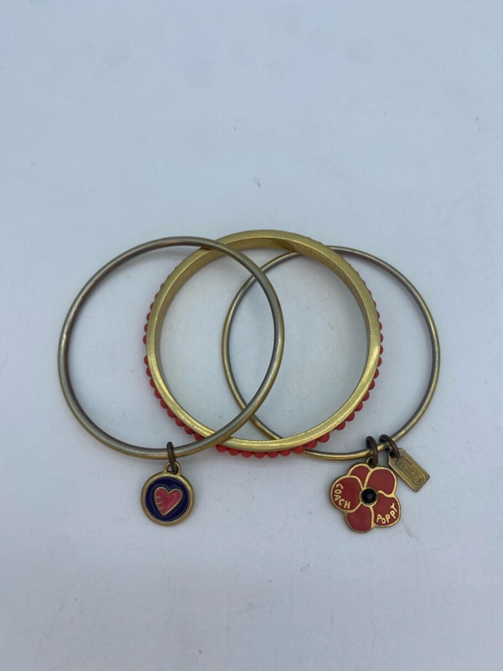 Coach Gold and Red Enamel Charm Bangle Bracelet Set